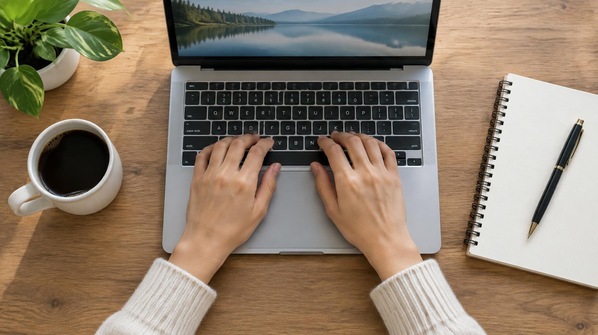 Hands typing on a laptop next to a notebook on a desk